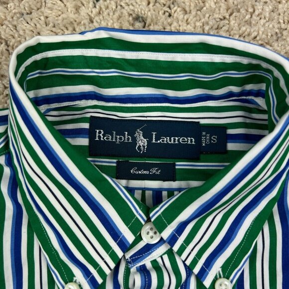 Ralph Lauren Button Up Shirt Custom Fit Cotton Small Green Blue White Striped - Picture 6 of 8